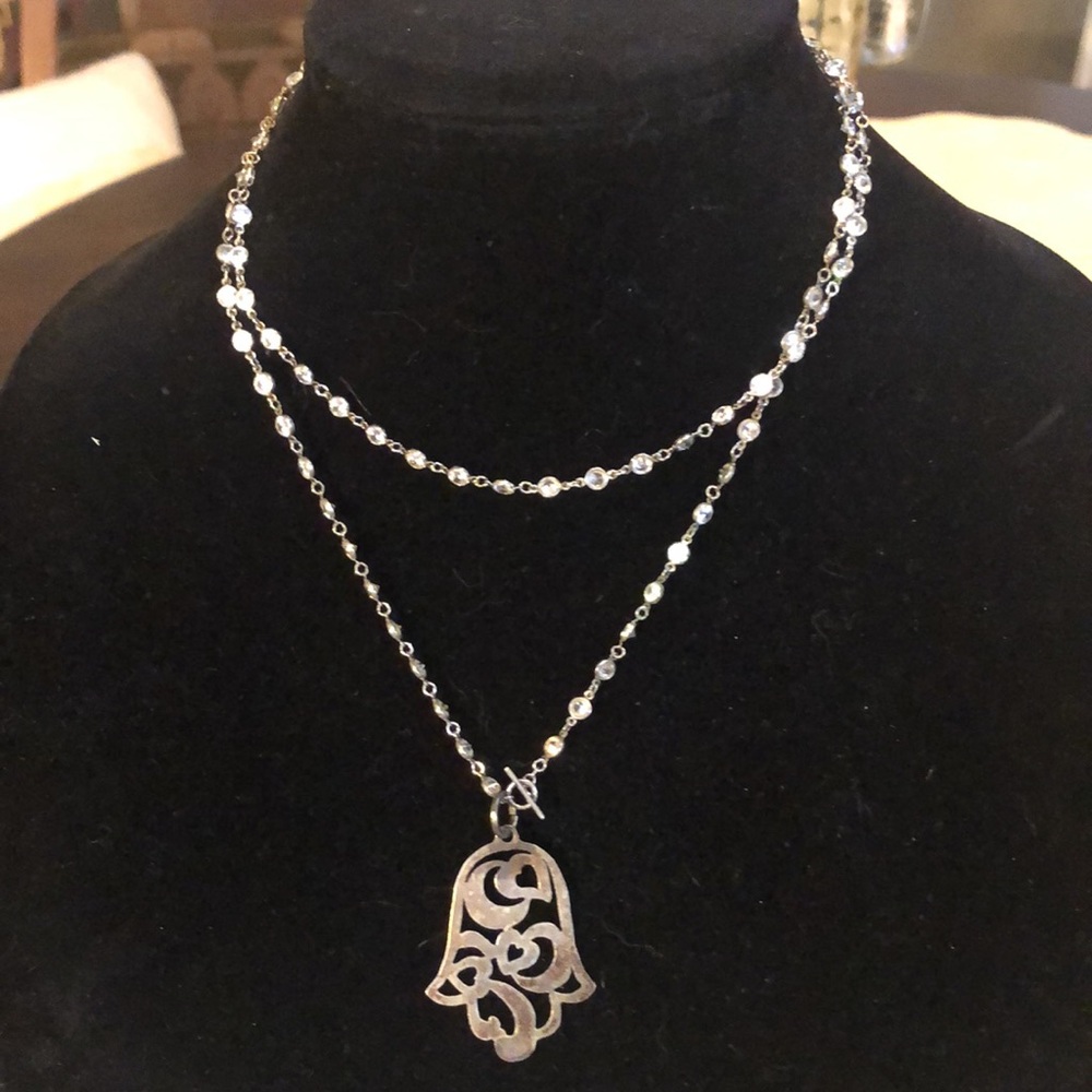 Faceted round crystals antiqued silver-tone chain toggle bell charm necklace